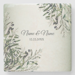 Wedding Party Green Leaves Black Olive Elegant Stone Coaster