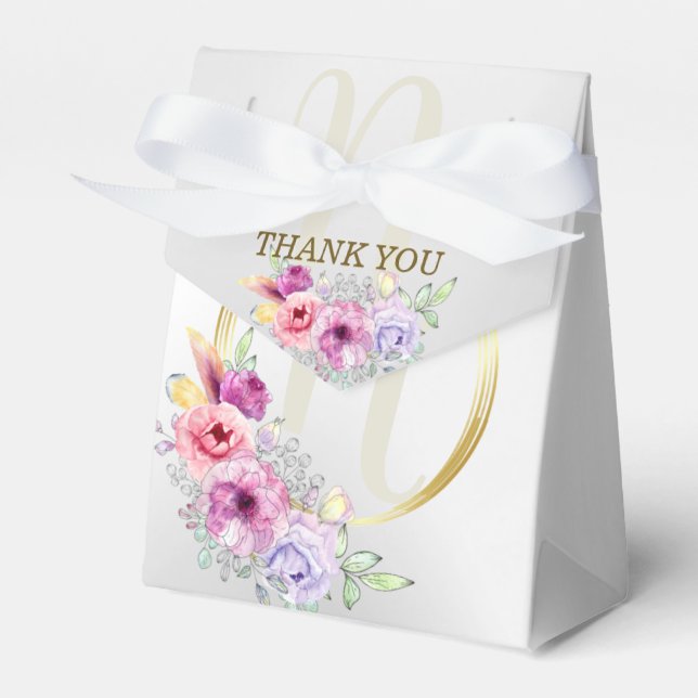 Wedding Party Monogram Colourful Pink Floral Golde Favor Box (Front Side)