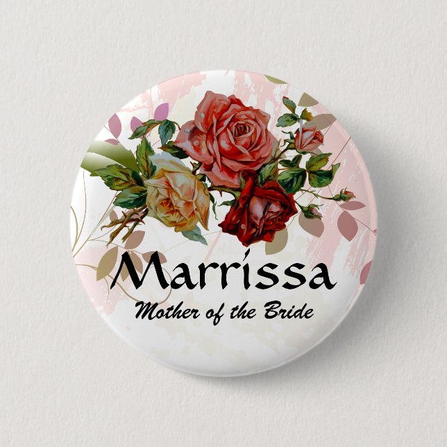 Wedding party name button Rose floral (Front)