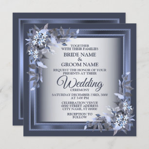 Wedding Party Navy Blue Floral Frame Silver Modern Invitation