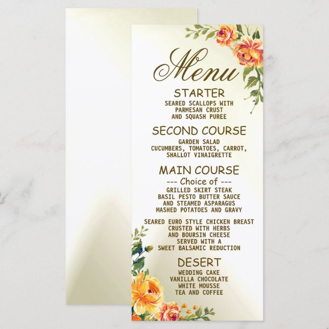 Wedding Party Orange Yellow Red Floral Greenery Menu (Front/Back)