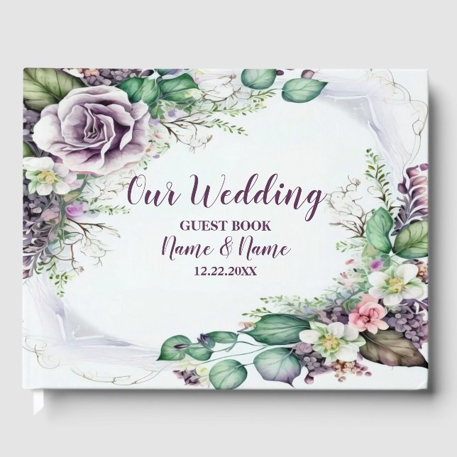 Wedding Party Purple Floral Green Foliage Rustic Guest Book (Front)