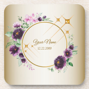 Wedding Party Purple Pink Floral Green Golden Coaster