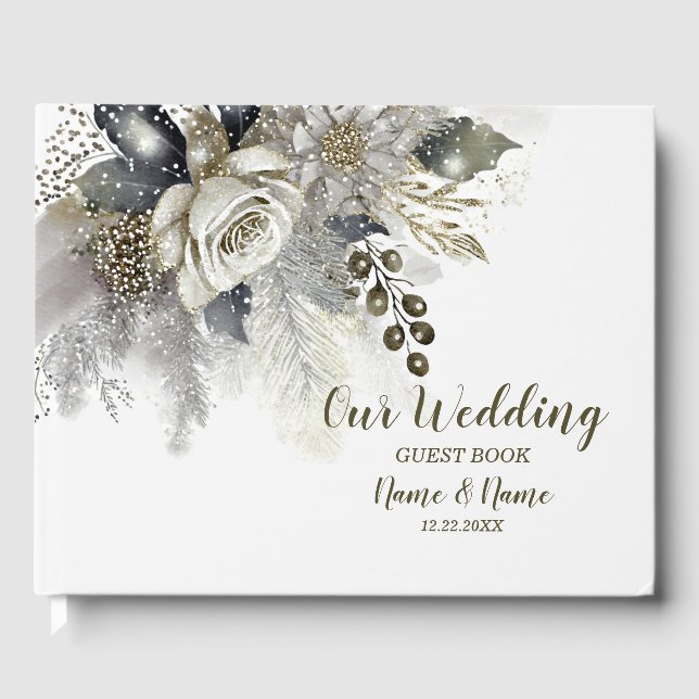 Wedding Party Silver Golden White Roses Flowers Guest Book (Front)