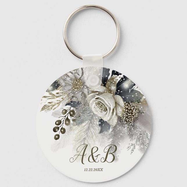 Wedding Party Silver Golden White Roses Flowers Keychain (Front)