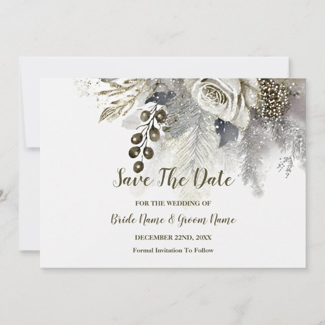 Wedding Party Silver Golden White Roses Flowers Save The Date (Front)