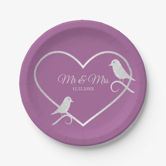 Wedding Party Silver Grey Heart Pink Elegant Paper Plate (Front)