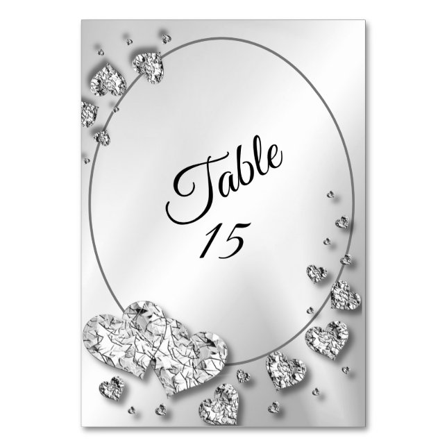 Wedding Party Silver Shiny Hearts Geometric Table Number (Front)