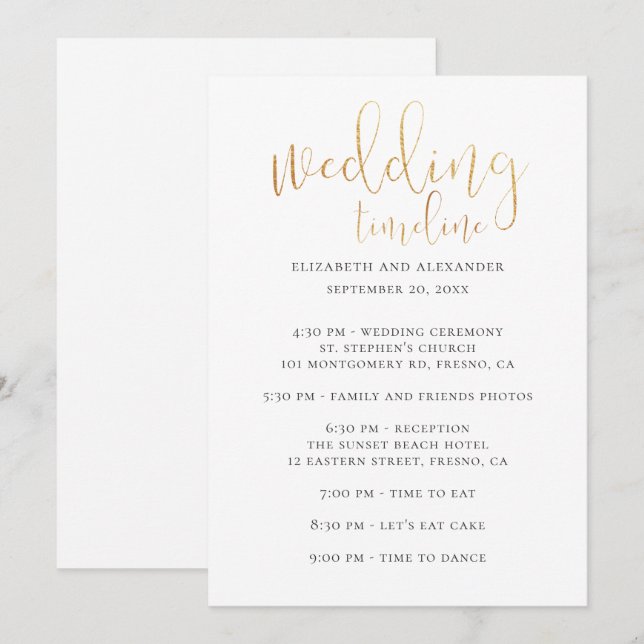 Wedding party timeline script. Simple calligraphy Invitation (Front/Back)