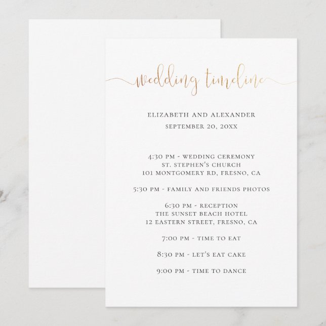 Wedding party timeline script. Simple calligraphy Invitation (Front/Back)