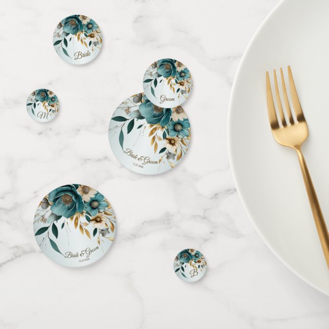 Wedding Party Turquoise White Flower Golden Leaves Confetti (Group)