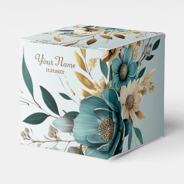 Wedding Party Turquoise White Flower Golden Leaves Favor Box (Front Side)