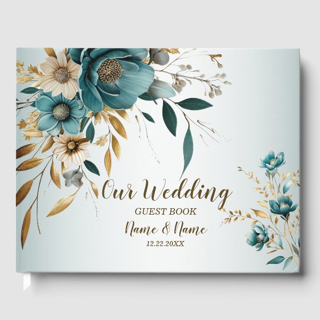 Wedding Party Turquoise White Flower Golden Leaves Guest Book (Front)