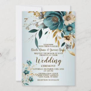 Wedding Party Turquoise White Flower Golden Leaves Invitation