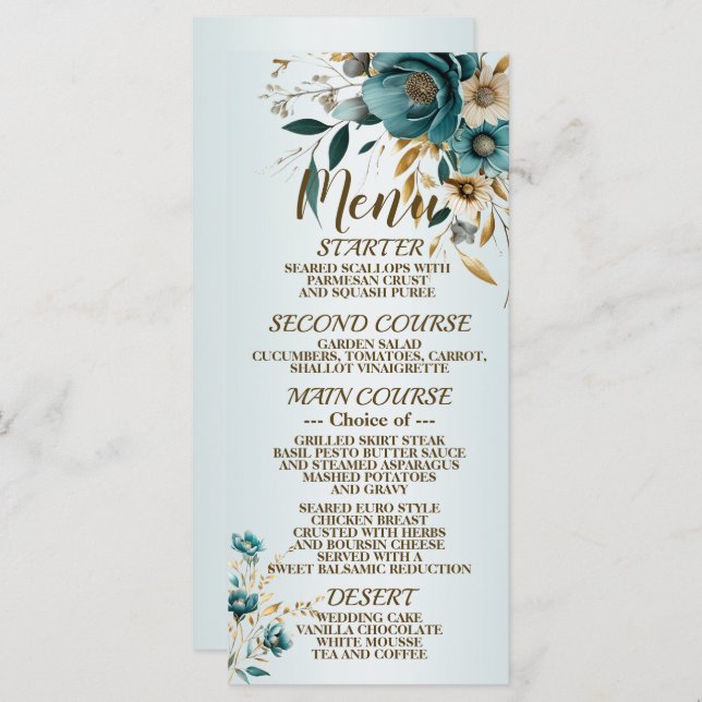 Wedding Party Turquoise White Flower Golden Leaves Menu (Front/Back)
