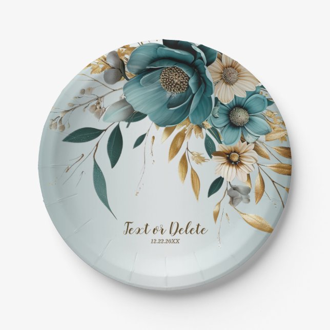 Wedding Party Turquoise White Flower Golden Leaves Paper Plate (Front)