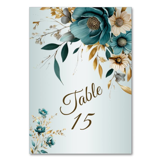 Wedding Party Turquoise White Flower Golden Leaves Table Number (Front)