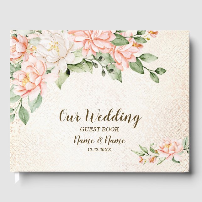 Wedding Party Watercolor Peach White Flowers Guest Book (Front)