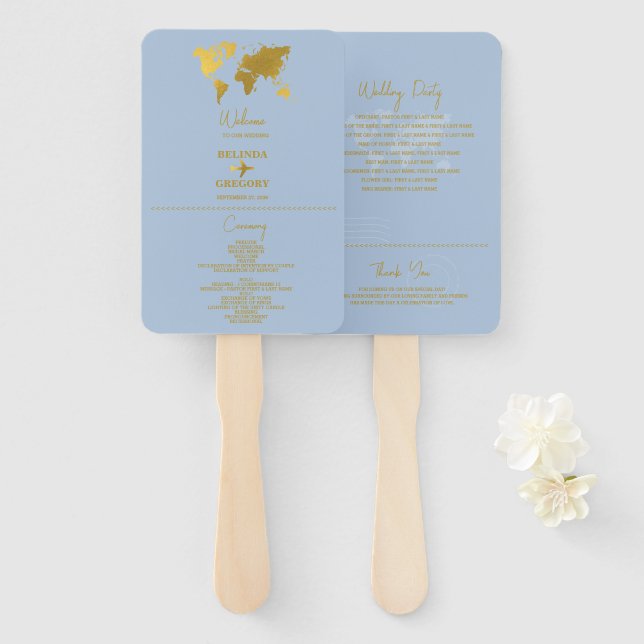 Wedding Passport Dusty Blue Gold Program Hand Fan (Front and Back)