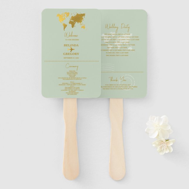 Wedding Passport Sage Green Gold Program Hand Fan (Front and Back)