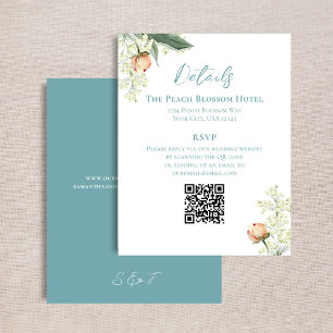 Wedding Peach Details QR Code Blue RSVP Enclosure Card