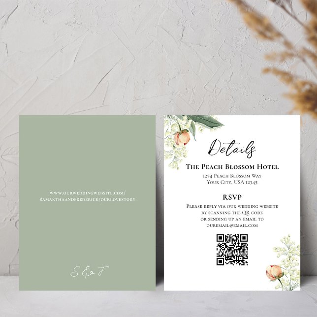 Wedding Peach Details QR Code RSVP Green Enclosure Card (Wedding details card with a scannable QR code template)