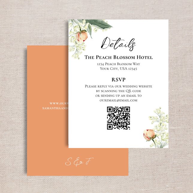 Wedding Peach Floral Details QR Code RSVP Enclosure Card (Wedding details card with a scannable QR code template.)