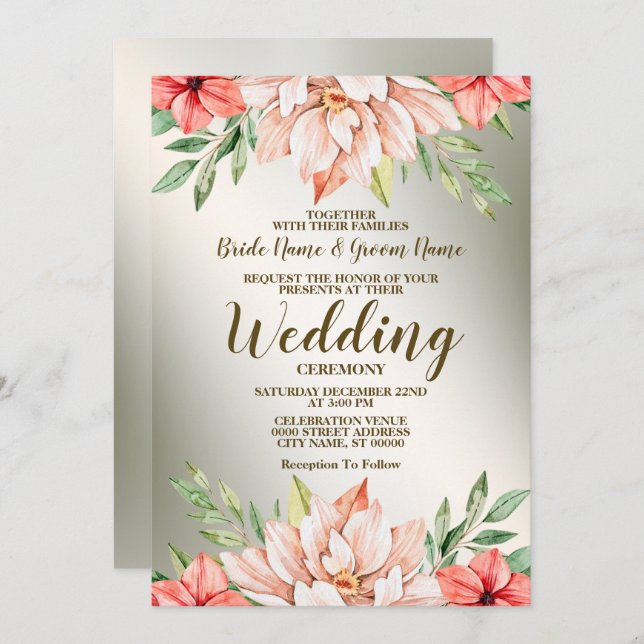 Wedding Peach Orange Floral Golden Frame Rustic Invitation (Front/Back)