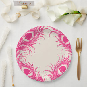 Wedding Peacock Botanical   Pink Couture Paper Plate
