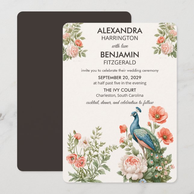 Wedding Peacock Botanical | Vintage Floral Art Invitation (Front/Back)