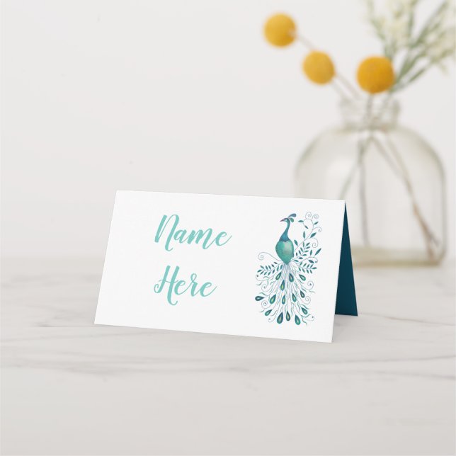 Wedding Peacock Place Name Place Card (Front)