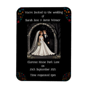 Wedding Personalised Invite Cartoon on Black  Magnet
