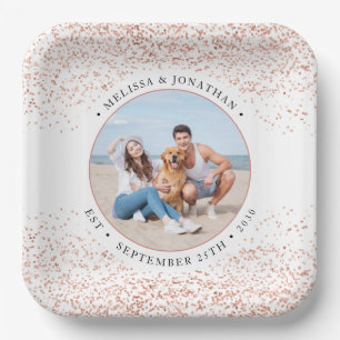 Wedding Personalize Rose Gold Glitter Photo Square Paper Plate