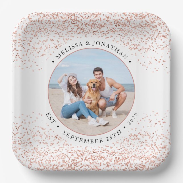 Wedding Personalize Rose Gold Glitter Photo Square Paper Plate (Front)