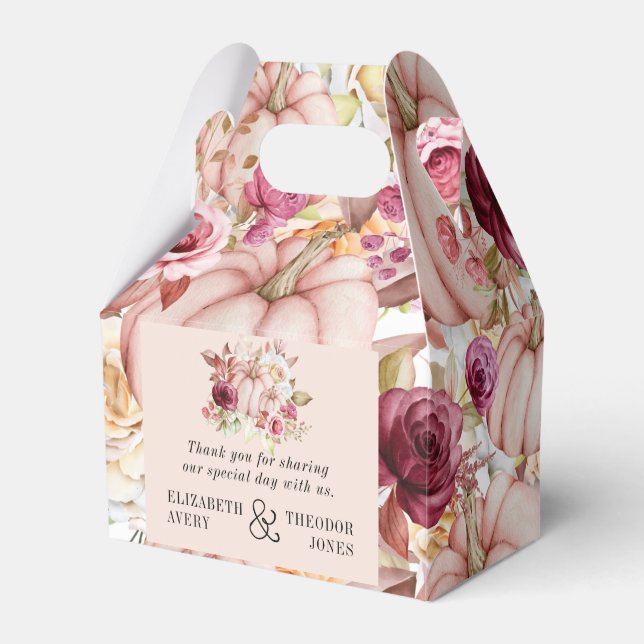 Wedding Personalized Autumn Pink Burgundy Floral Favor Box (Front Side)