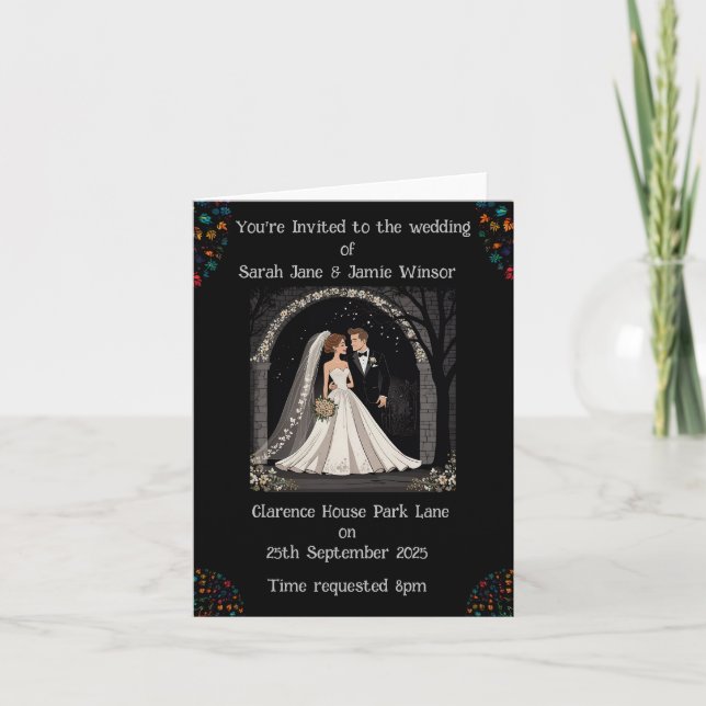 Wedding Personalized Invite Cartoon on Black  (Front)