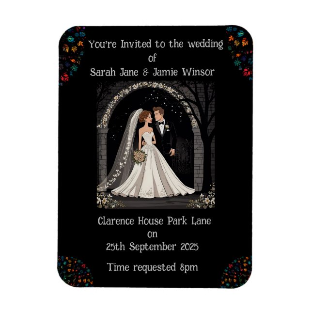 Wedding Personalized Invite Cartoon on Black  Magnet (Vertical)