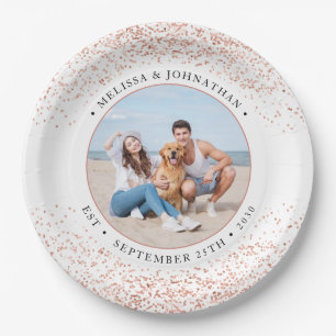 Wedding Personalized Rose Gold Glitter Photo Paper Plate