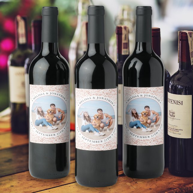 Wedding Personalized Rose Gold Glitter Photo  Wine Label (Creator Uploaded)