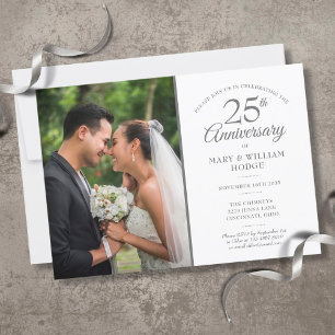 Wedding Photo 25th Anniversary Silver Confetti Invitation