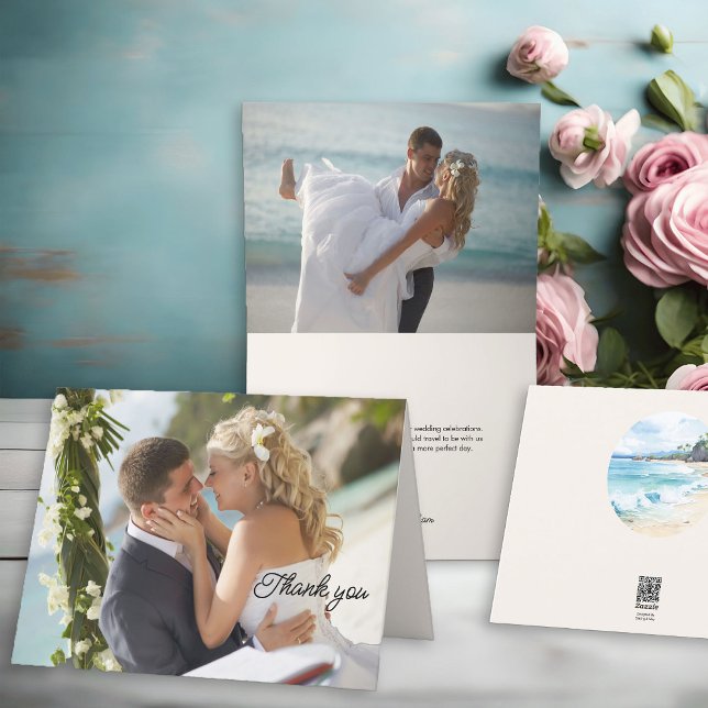 Wedding Photo 2 Picture Beach Themed Thank You Card (Wedding photo thank you cards from the Summer Beach Wedding Collection by Darling & May)