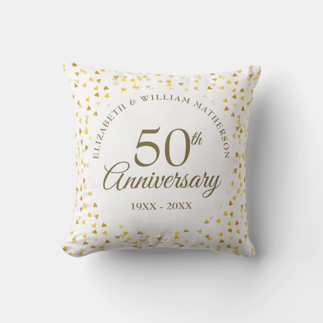 Wedding Photo 50th Anniversary Golden Hearts Throw Pillow (Front)