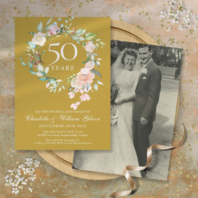 Wedding Photo 50th Golden Anniversary Floral Invitation (Wedding Photo 50th Golden Anniversary Floral Invitation)