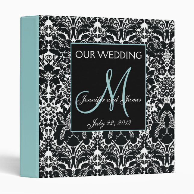 Wedding Photo Album Damask Blue Monogram Binder (Front/Spine)