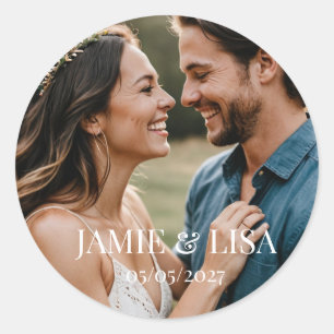 WEDDING PHOTO AND TEXT FAVOR CLASSIC ROUND STICKER