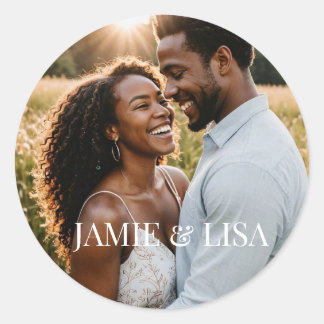 WEDDING PHOTO AND TEXT FAVOR CLASSIC ROUND STICKER
