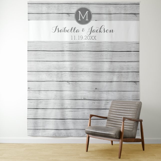 Wedding Photo Backdrop - Rustic White Wood Shiplap Tapestry (In Situ)