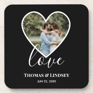 Wedding Photo Black Heart Frame Modern Calligraphy Coaster