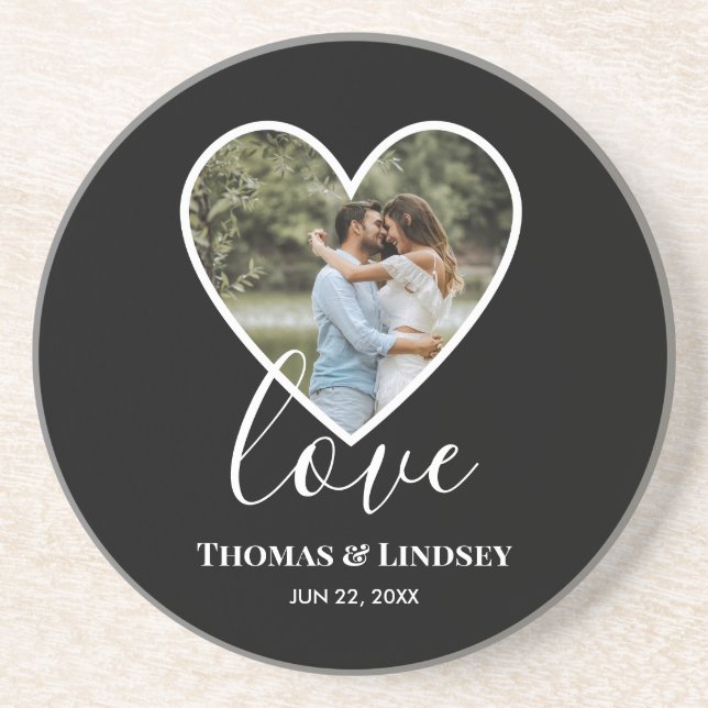 Wedding Photo Black Heart Frame Modern Calligraphy Coaster (Front)