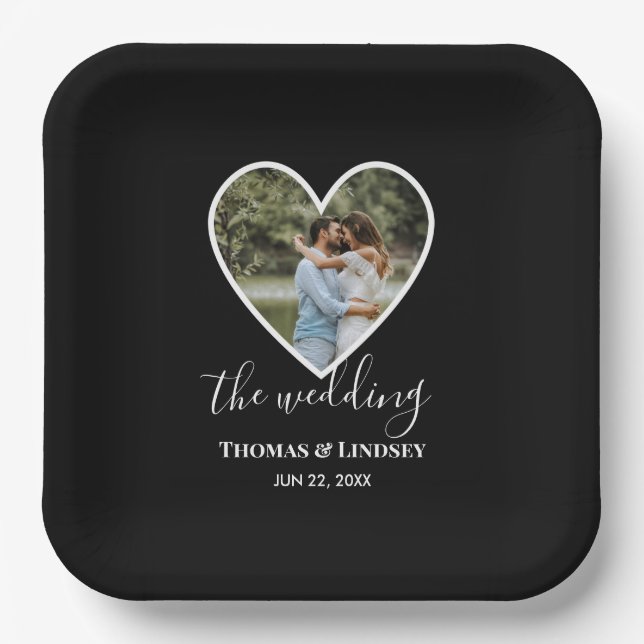 Wedding Photo Black Heart Frame Modern Calligraphy Paper Plate (Front)